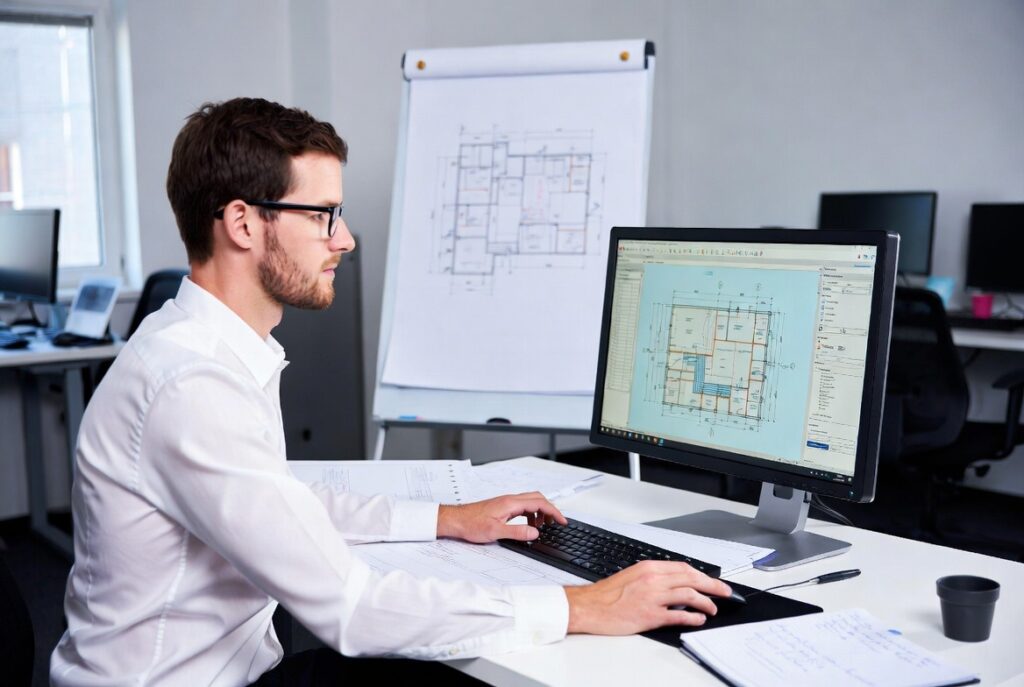 Construction estimator reviewing project plans to avoid costly estimating mistakes.
