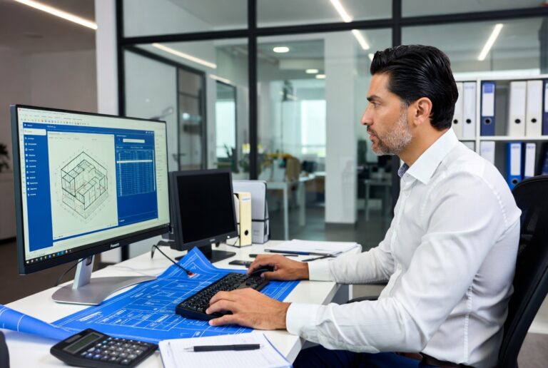 Construction estimator reviewing project plans to avoid costly estimating mistakes.