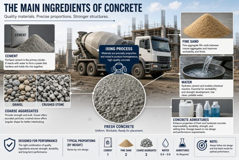 Concrete ingredients including cement, water, sand, aggregates, and admixtures
